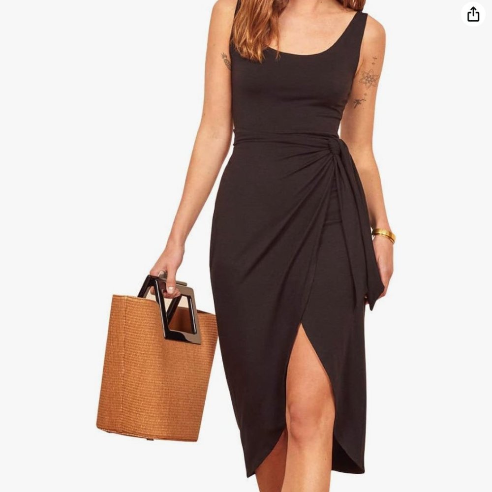 EXLURA Women's Solid Split Front Bodycon Midi Tank Dress with tie belt L